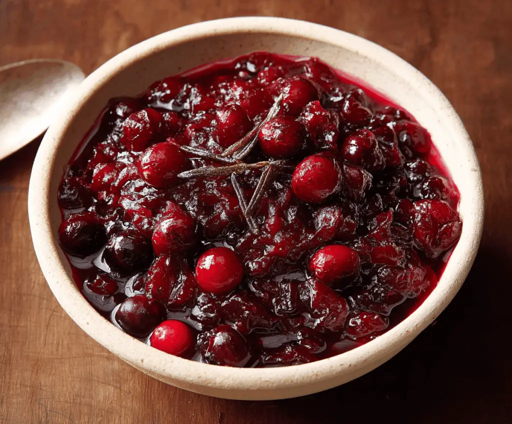 Homemade spiced cranberry sauce with fresh berries and warm spices for holiday celebrations