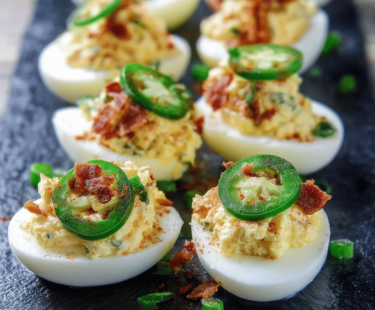 Delicious spicy jalapeño popper deviled eggs garnished with herbs on a plate