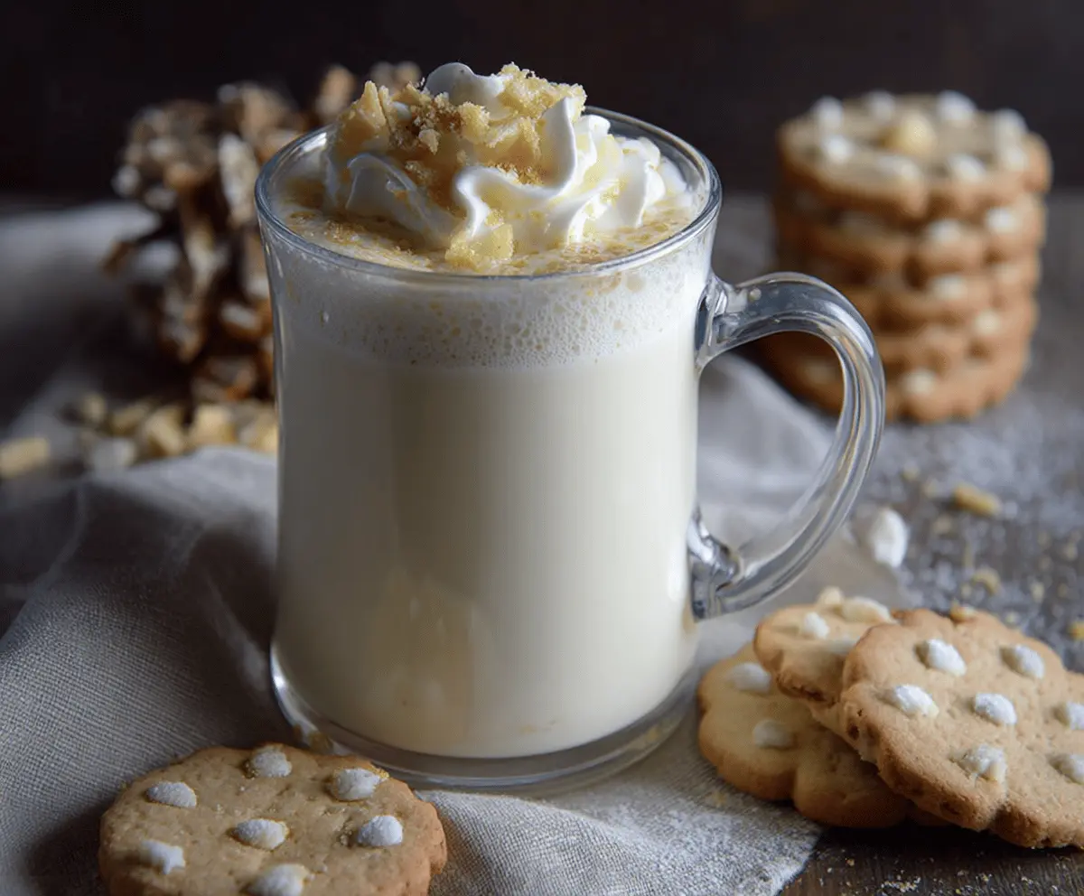 Creamy white hot chocolate topped with sugar cookies and festive sprinkles.