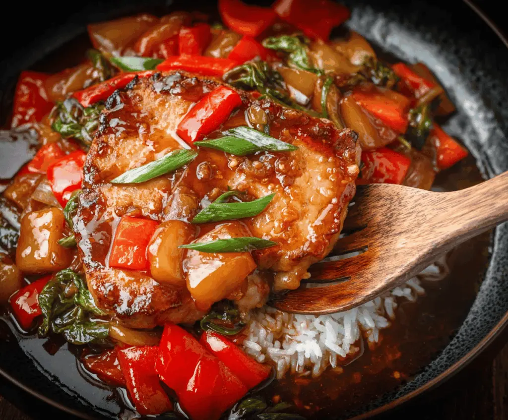 Juicy sweet and sour pork chops garnished with colorful vegetables on a plate
