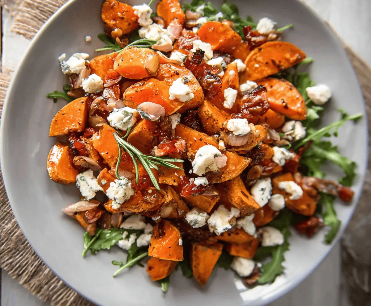 Colorful sweet potato and feta salad garnished with fresh herbs on a white plate.