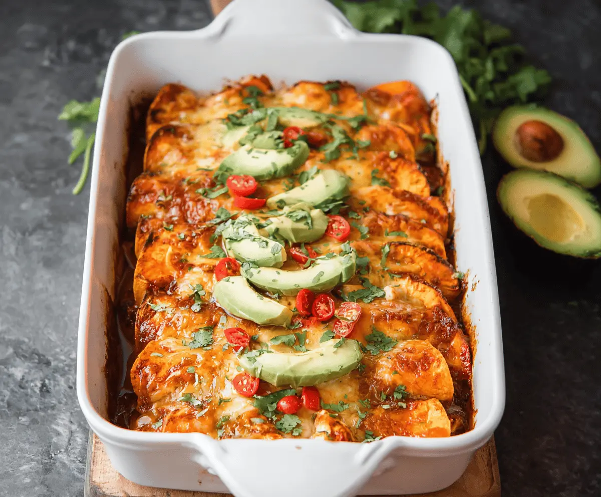 Delicious sweet potato chicken enchiladas garnished with fresh cilantro and cheese.