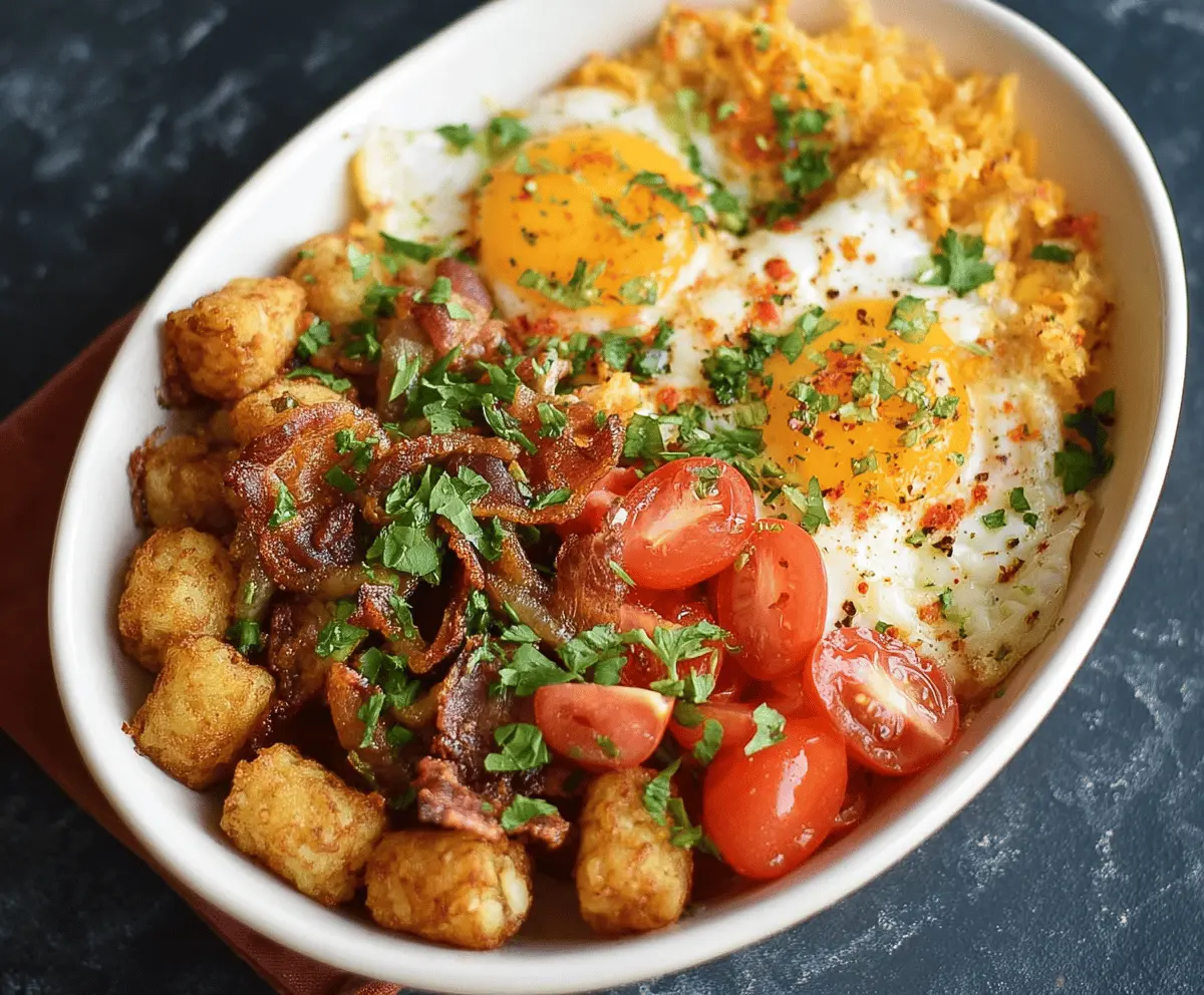 Delicious Tater Tot Breakfast Bowl with eggs, cheese, and vegetables ready to serve