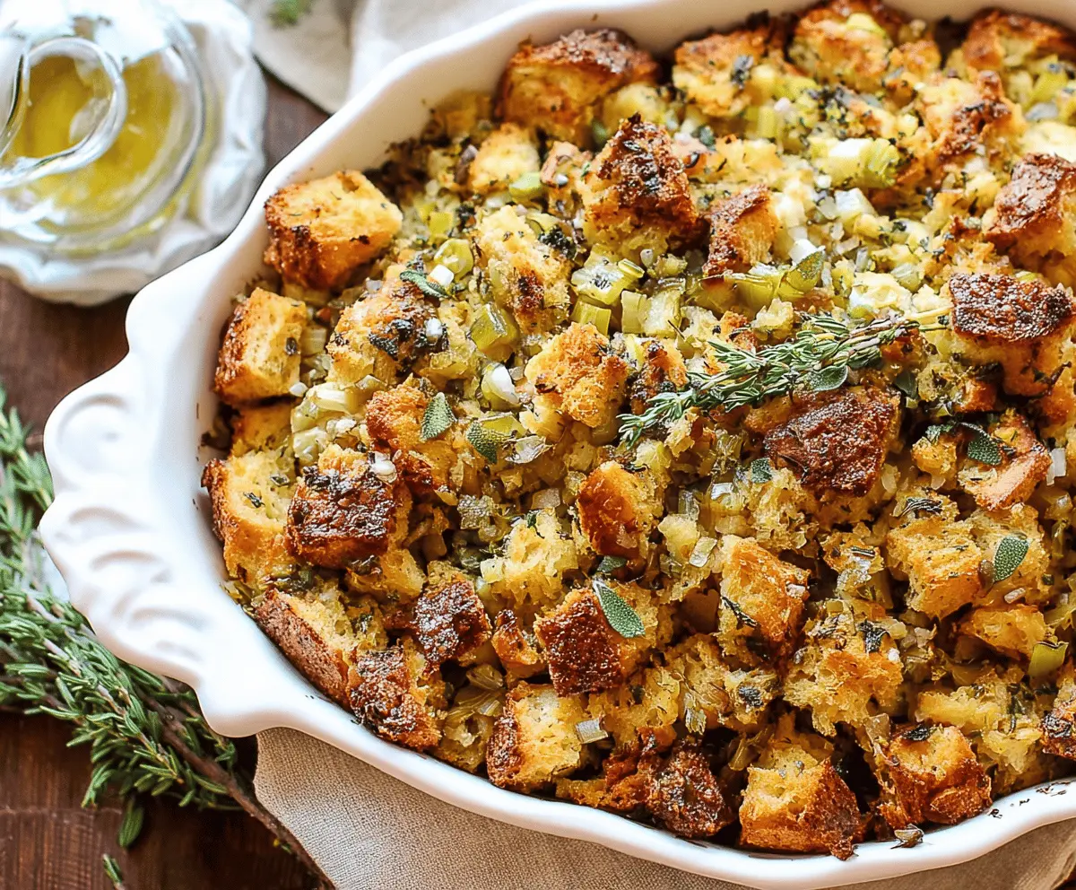 Delicious traditional Thanksgiving stuffing made with bread, herbs, and vegetables.