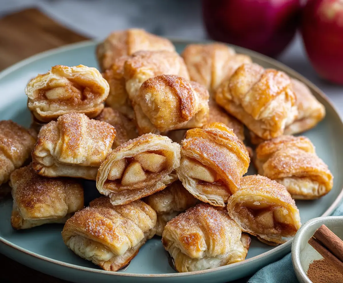 Delicious homemade apple pie bites with crispy crust and sweet apple filling on a white plate.