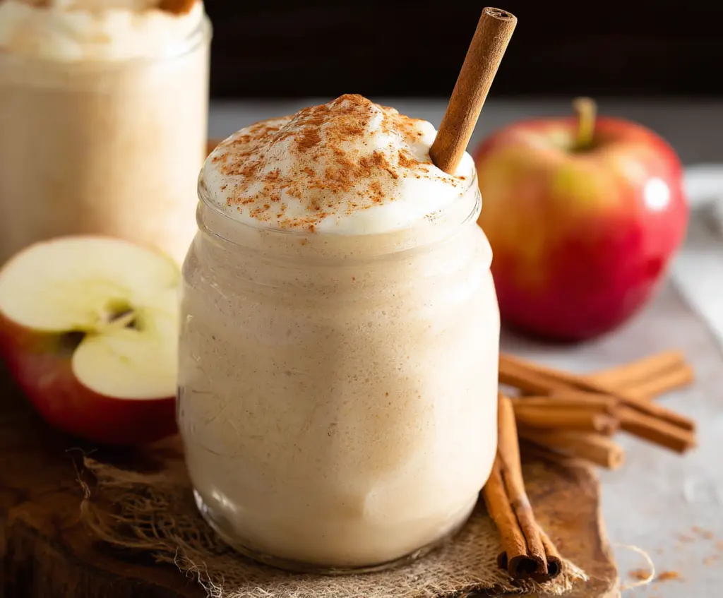 Creamy apple pie smoothie in a glass with cinnamon and apple slices on top, perfect for breakfast or snack.