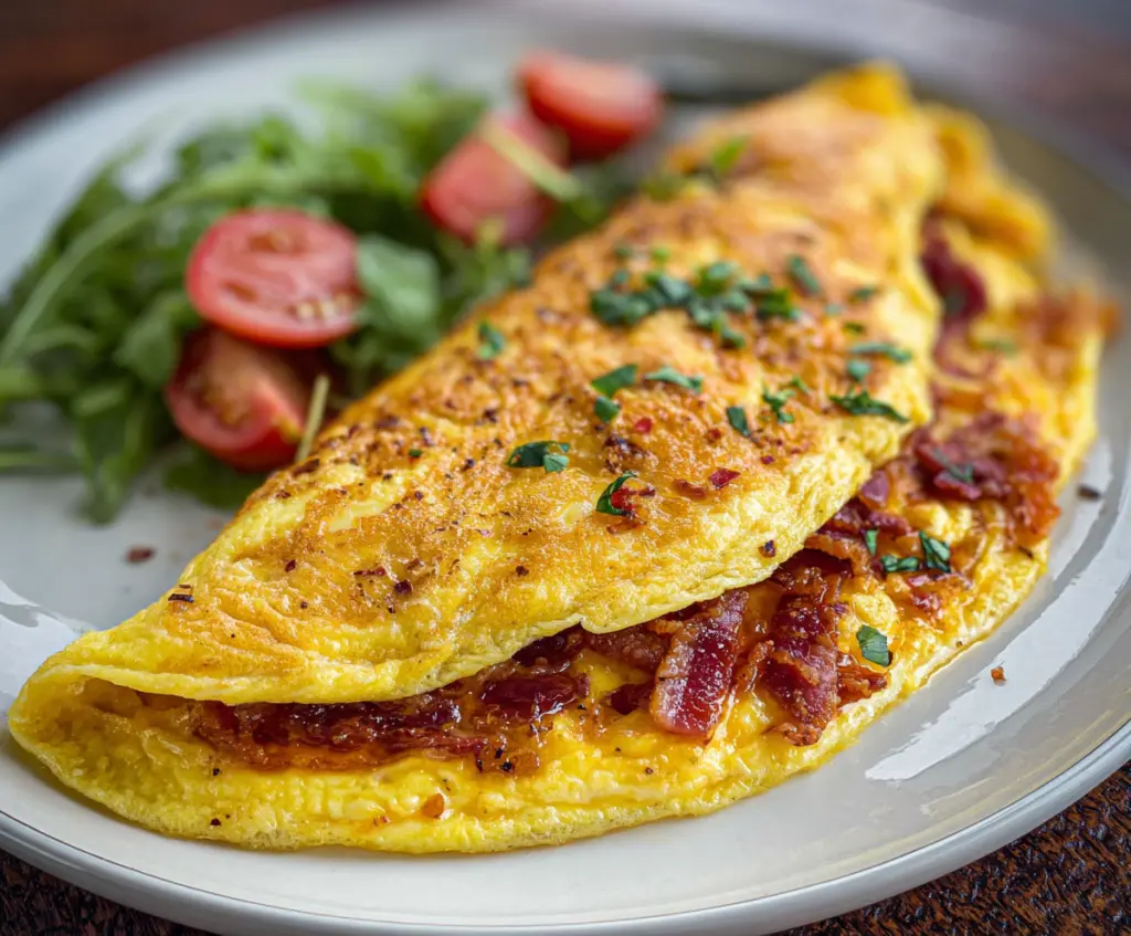 Delicious Bacon Egg and Cheese Omelet on a breakfast plate, showcasing fluffy eggs, crispy bacon, and melted cheese.