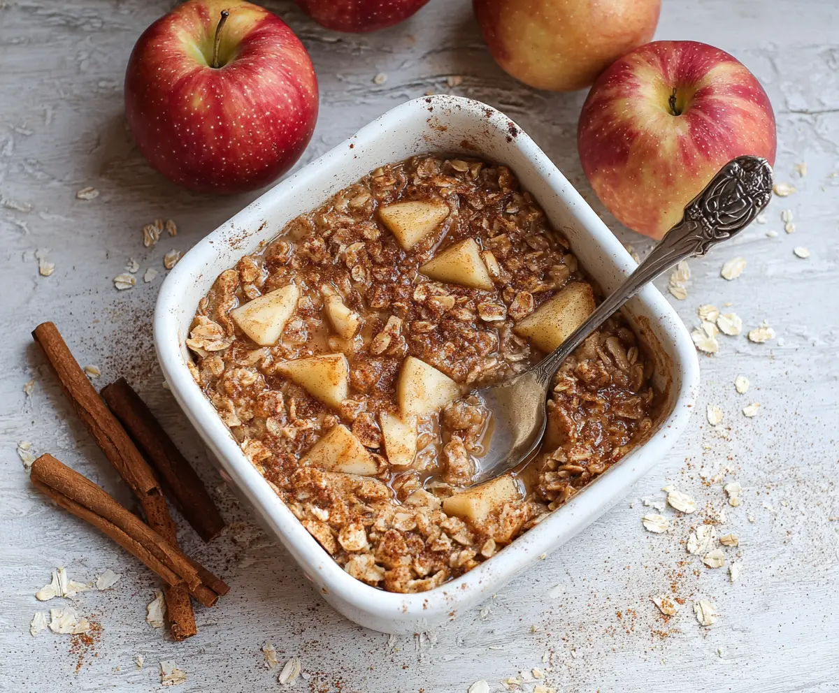 Delicious baked apple cinnamon oatmeal served in a white bowl with cinnamon sticks on the side.