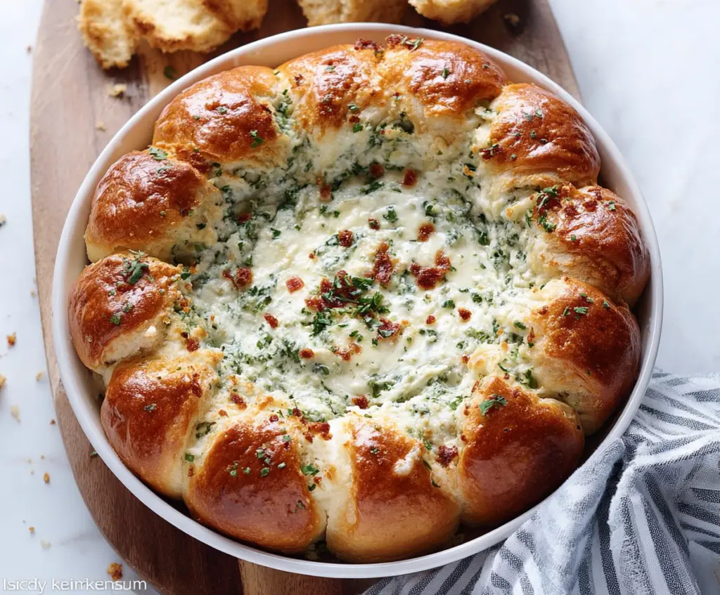 Delicious baked biscuit wreath dip served with fresh vegetables and dipping sauces.