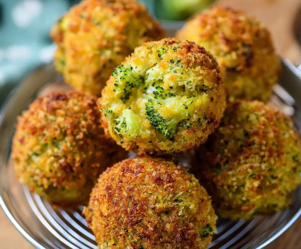 Delicious baked broccoli cheese balls served on a platter, crispy and golden brown.