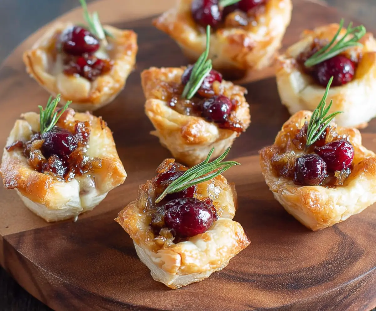 Delicious baked cranberry Brie bites on a serving platter, perfect for holiday parties.