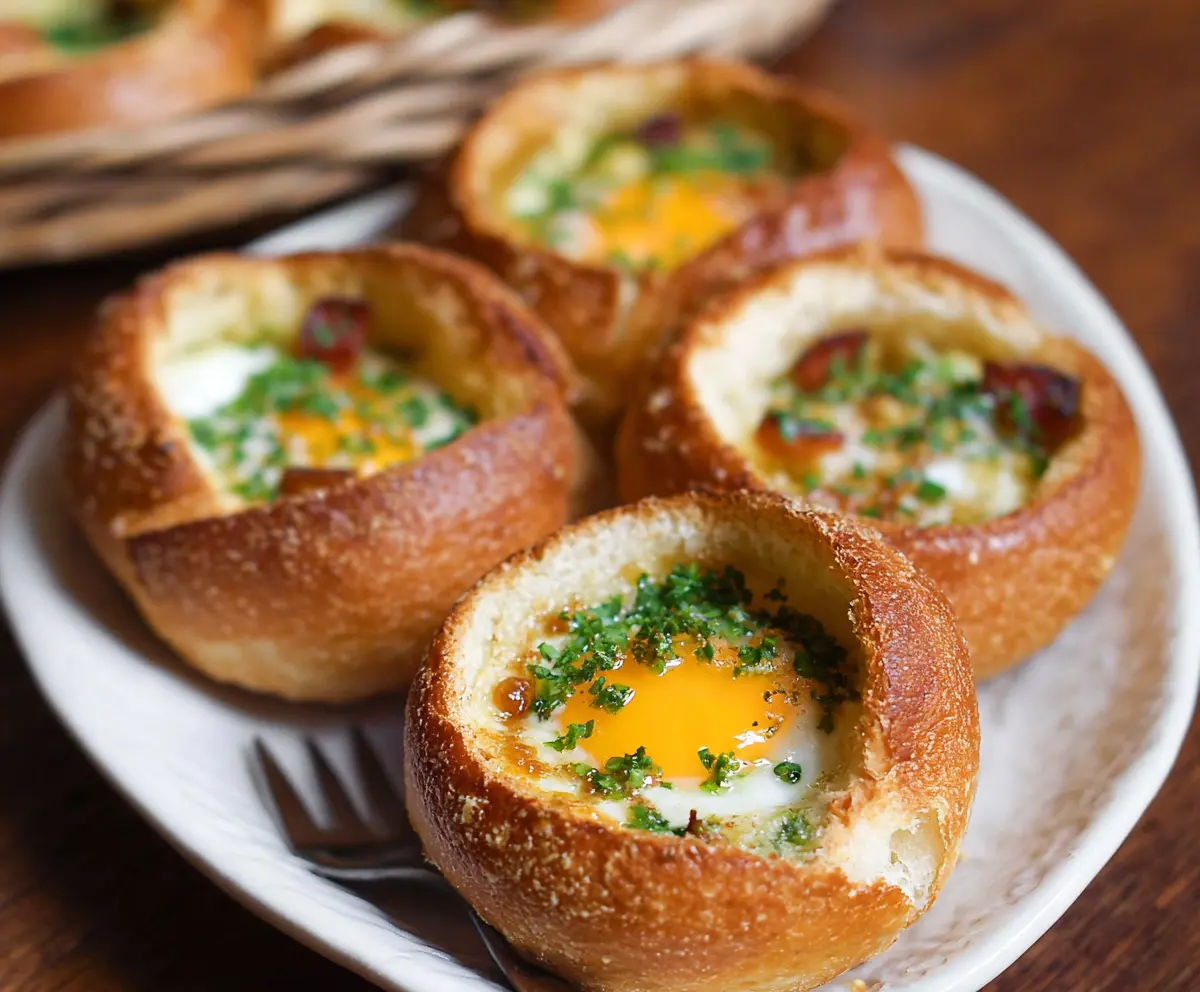 Delicious baked eggs in a basket ready to serve for breakfast or brunch.