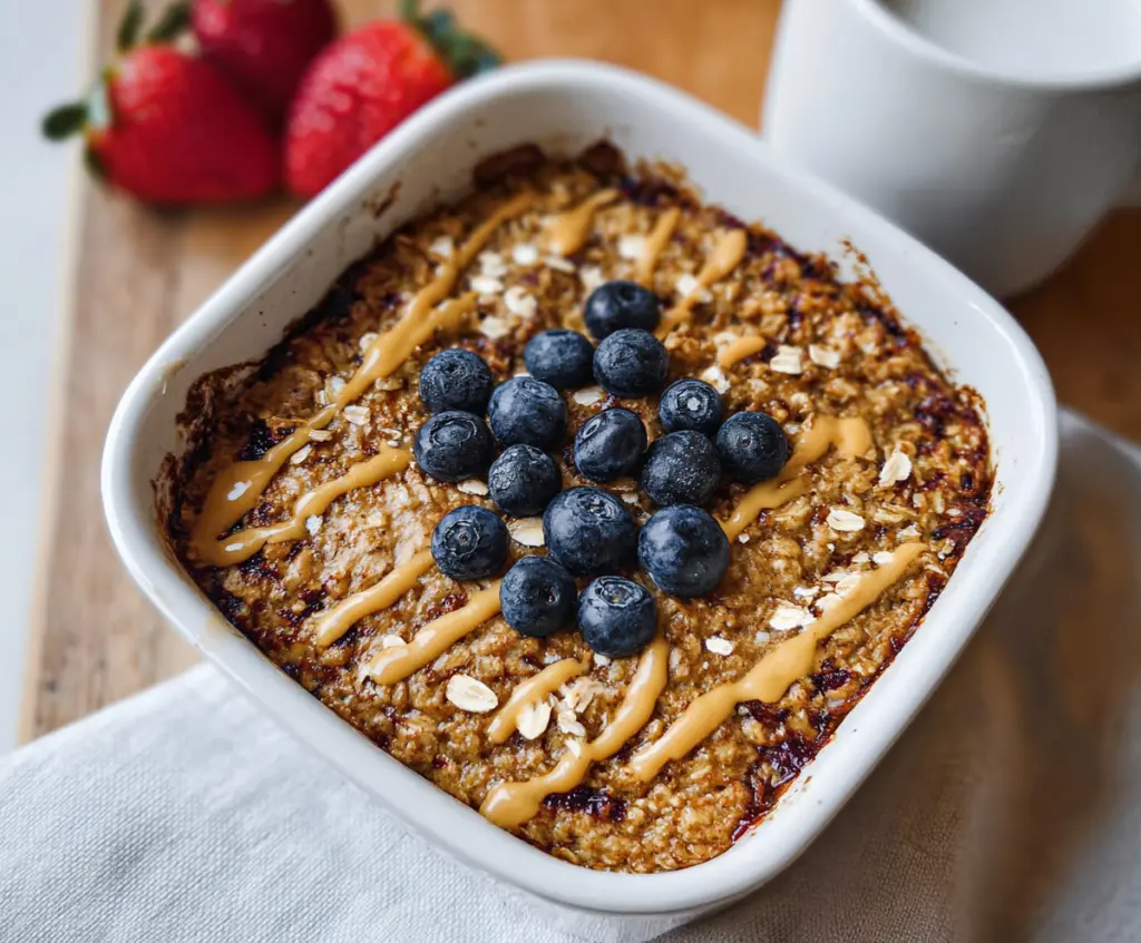 Healthy baked protein oatmeal in a glass baking dish, garnished with fresh berries and nuts.