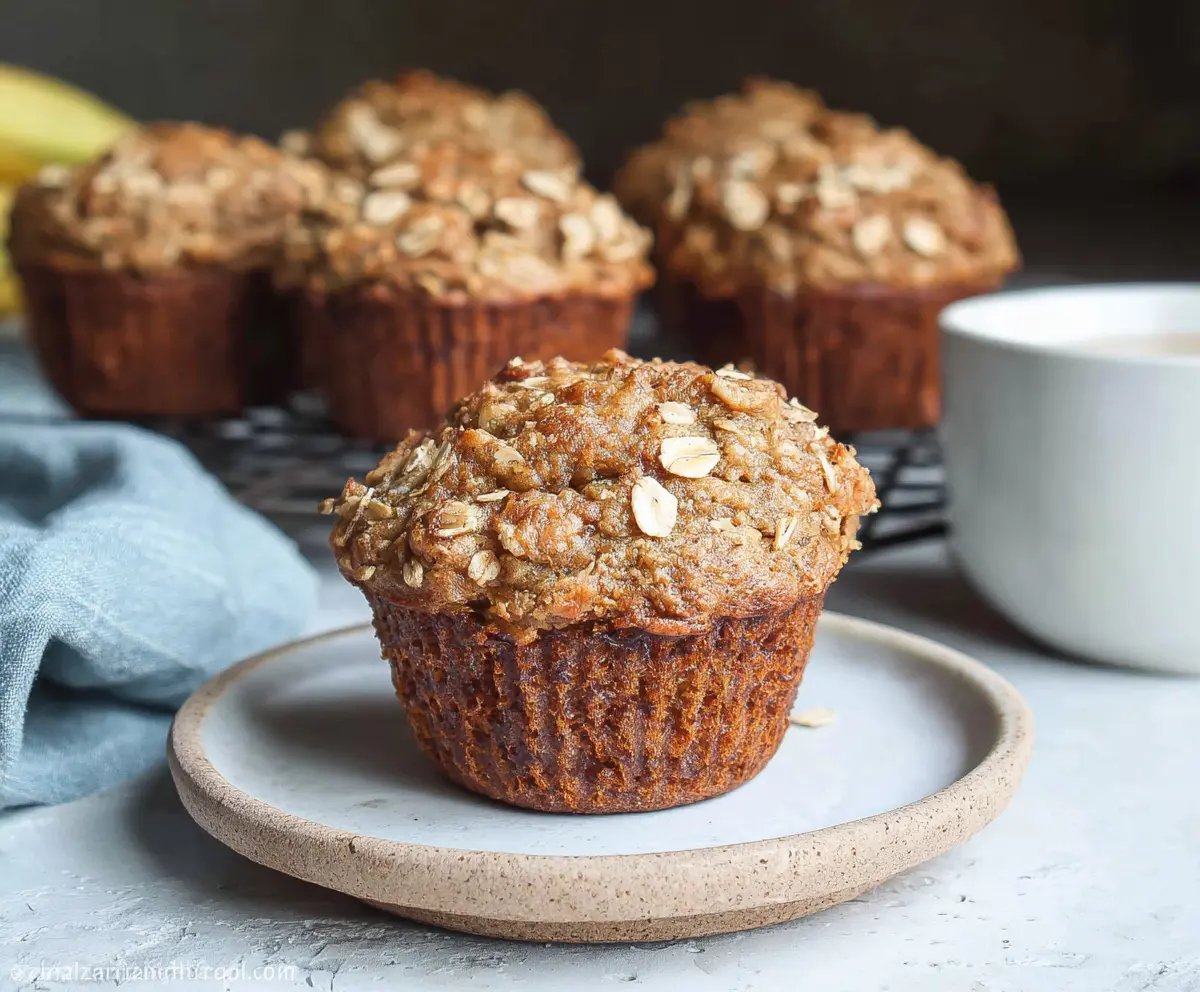 Healthy banana oat muffins cooling on a wire rack, golden and fluffy