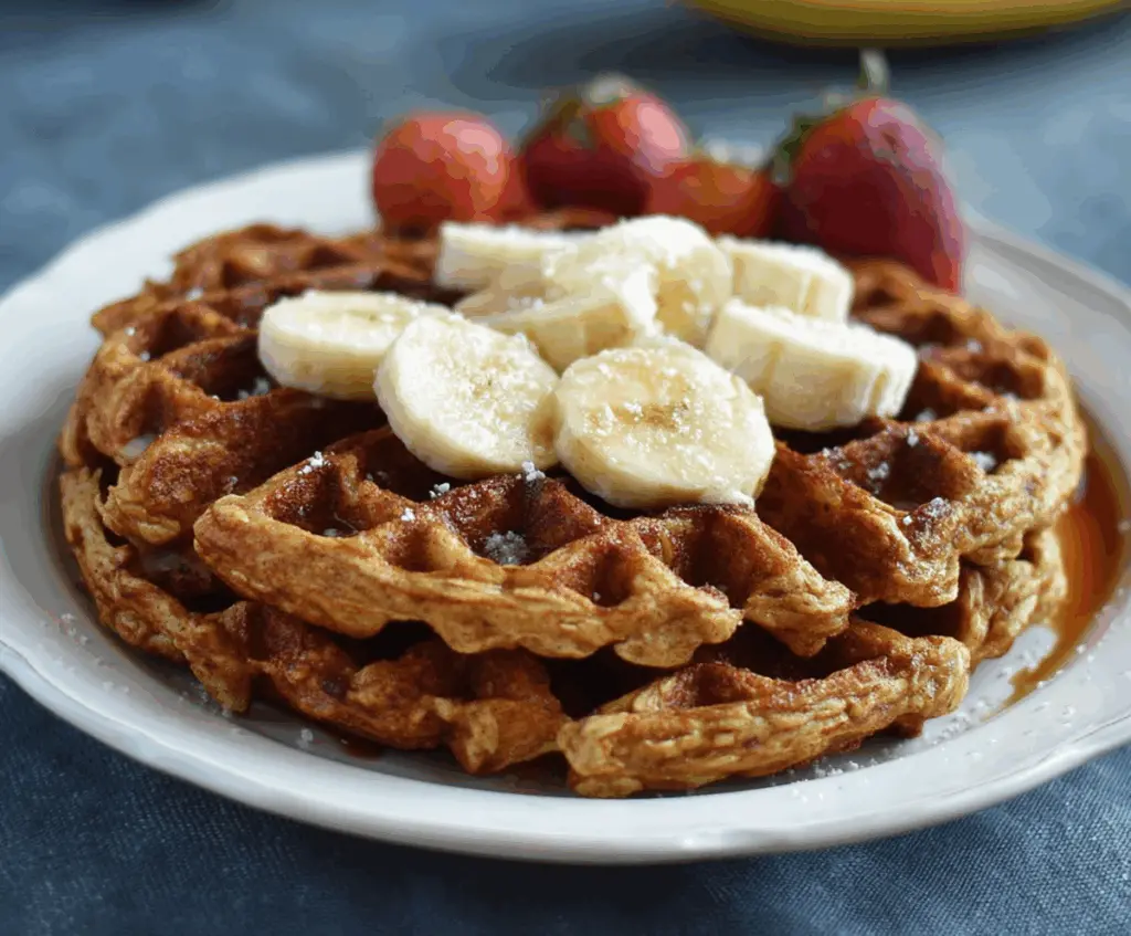 Delicious homemade banana oatmeal waffles served on a plate, perfect for breakfast or brunch.