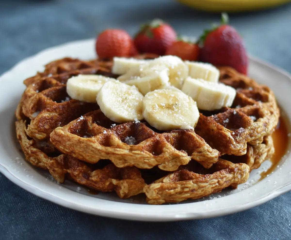 Delicious homemade banana oatmeal waffles served on a plate, perfect for breakfast or brunch.