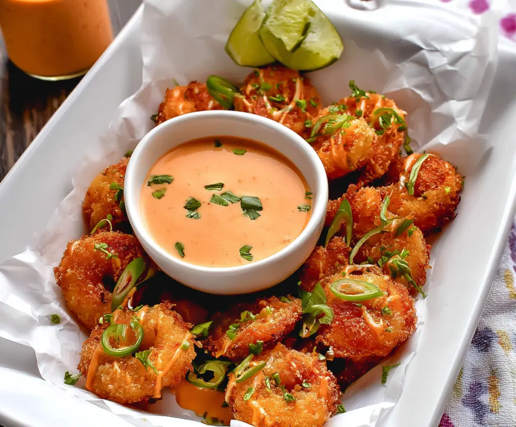 Crispy Bang Bang Shrimp Bites with spicy mayo dipping sauce on a plate.