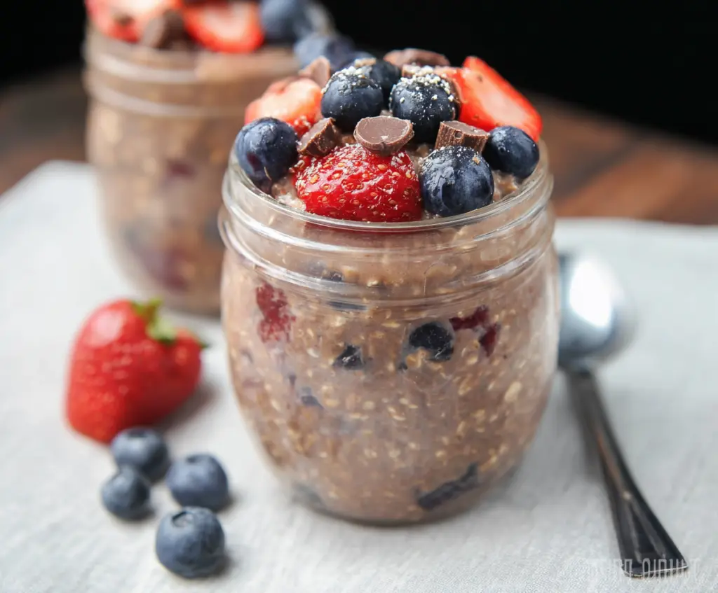 Creamy Berry Chocolate Overnight Oats topped with fresh berries and chocolate shavings in a glass jar.