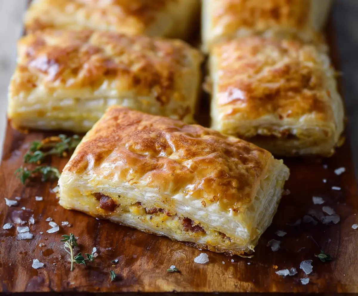 Delicious breakfast stuffed puff pastry bars filled with cheese and vegetables, perfect for morning munchies.