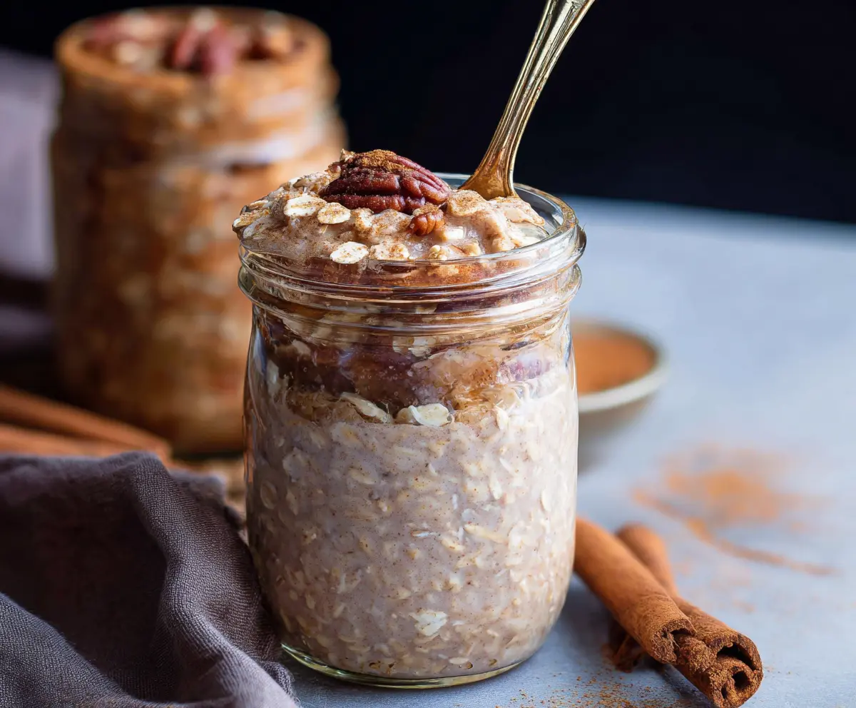 Delicious Brown Sugar Cinnamon Overnight Oats in a glass jar, topped with fresh fruits for a healthy breakfast
