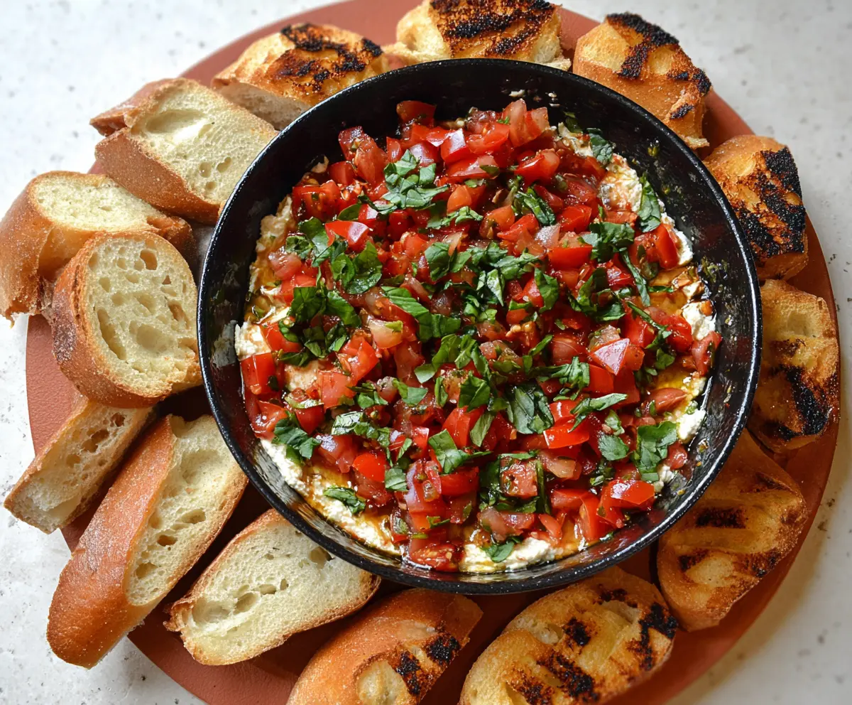 Delicious Bruschetta Dip with fresh tomatoes, basil, and garlic served with toasted baguette slices.