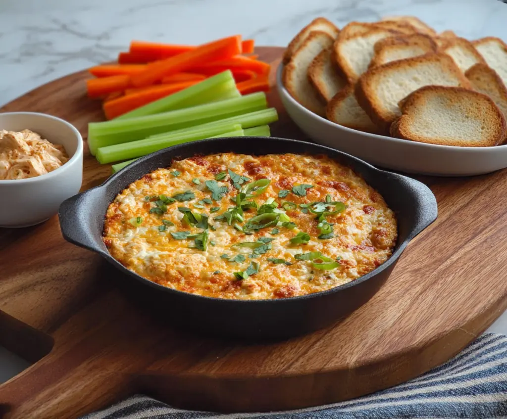 Creamy Buffalo Chicken Dip served with celery sticks and tortilla chips, perfect for game day snacks.