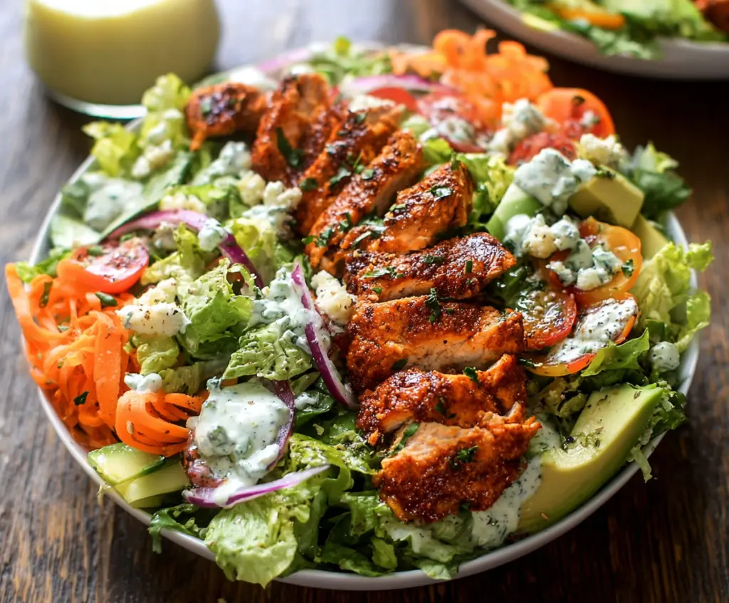 Delicious Buffalo Ranch Chicken Salad with fresh greens and spicy dressing.