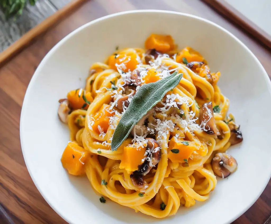 Delicious butternut squash pasta served with fresh herbs and a creamy sauce.
