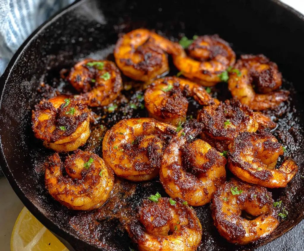 Juicy Cajun Blackened Shrimp served on a plate with vibrant vegetables