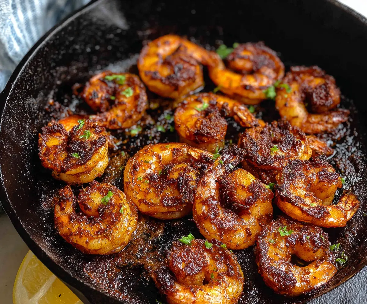 Juicy Cajun Blackened Shrimp served on a plate with vibrant vegetables