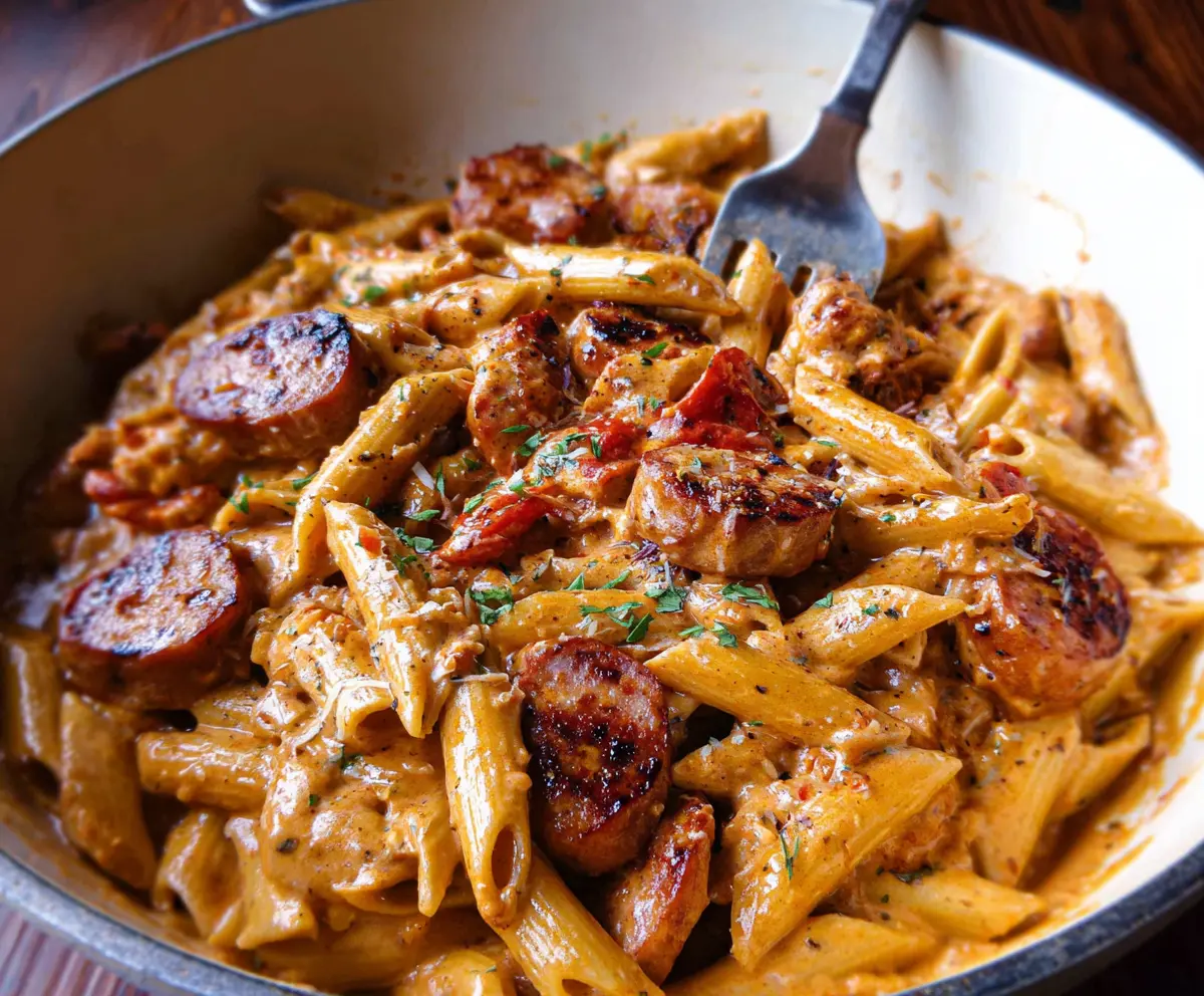 Delicious Cajun sausage pasta with vibrant spices and creamy sauce on a plate