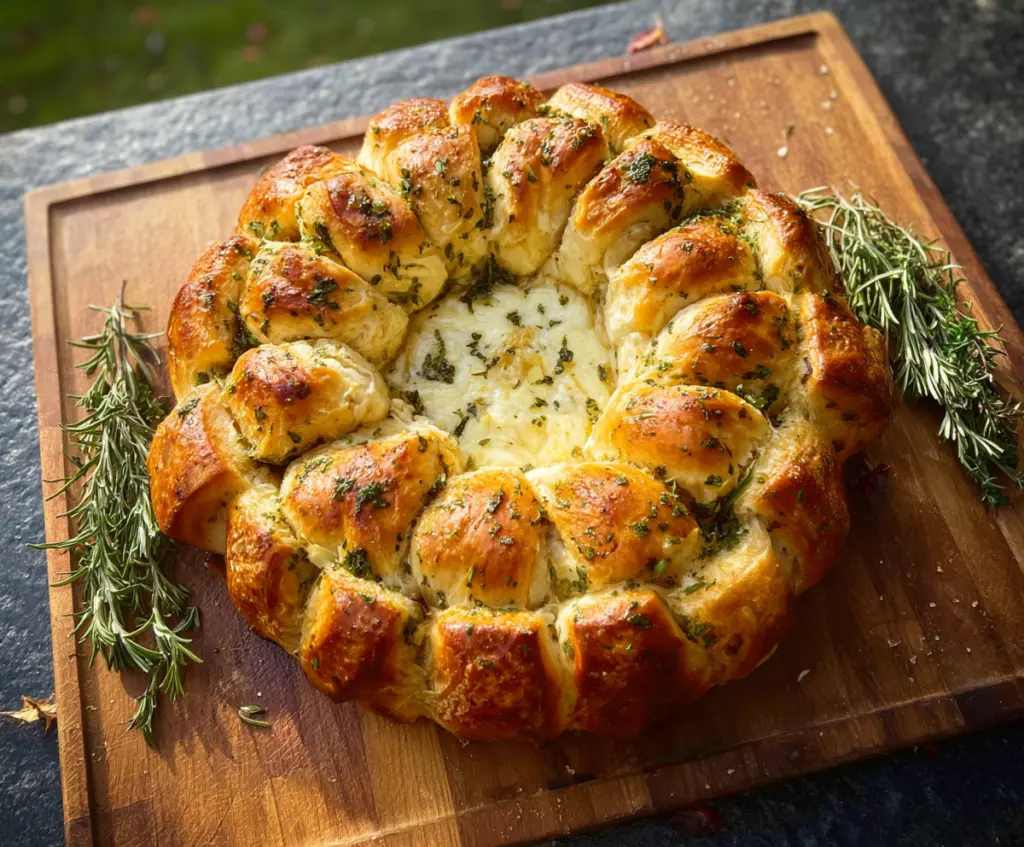 Delicious Camembert Pull-Apart Wreath served on a festive platter, perfect for appetizer sharing.