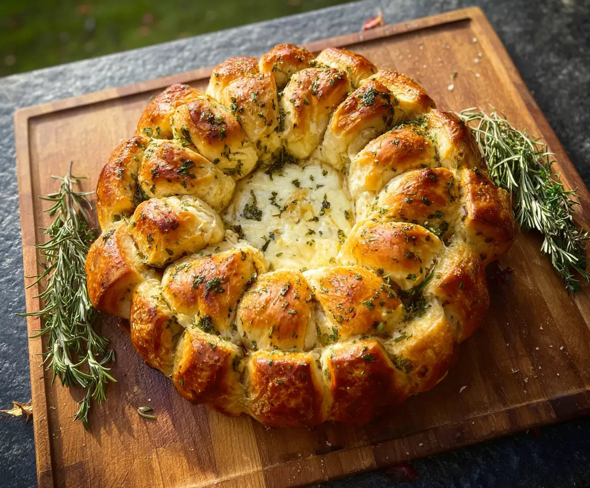 Delicious Camembert Pull-Apart Wreath served on a festive platter, perfect for appetizer sharing.