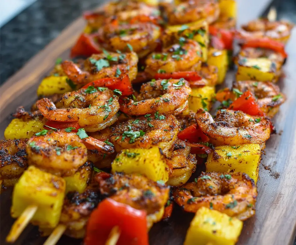 Delicious Caribbean jerk shrimp skewers grilled to perfection with colorful vegetables.