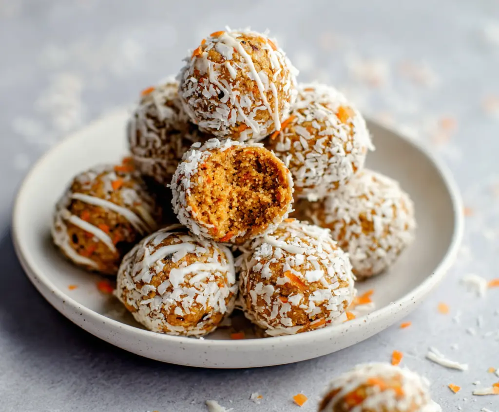 Delicious carrot cake energy bites with grated carrots and nuts, perfect for a healthy snack.