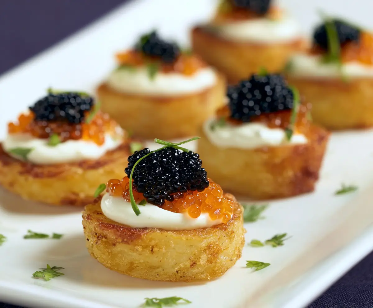 Delicious Caviar Potato Bites appetizer garnished with fresh herbs on a white plate.