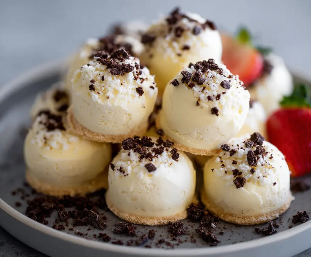 Creamy cheesecake fat bombs with a gold crust and berry topping on a rustic wooden table.