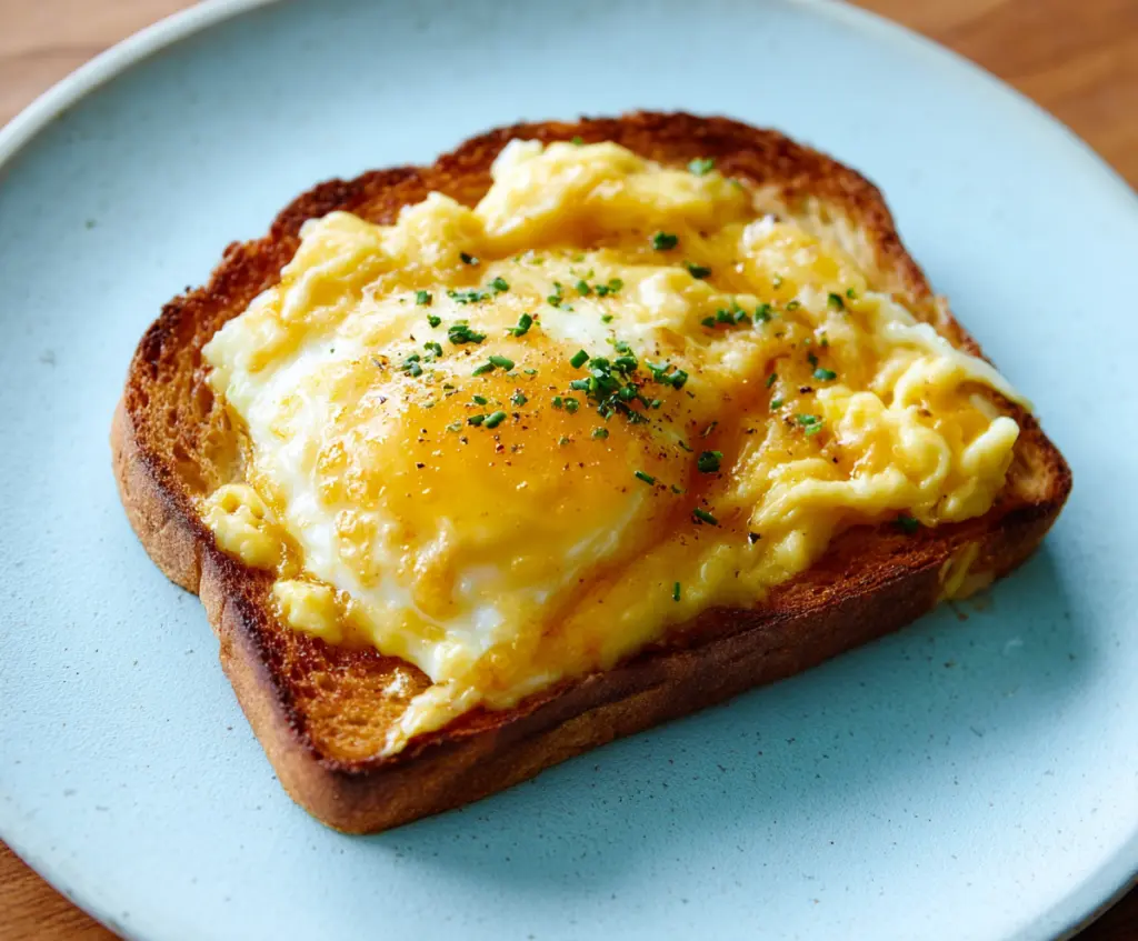 Delicious cheesy egg toast topped with melted cheese and fresh herbs, perfect for breakfast or brunch.