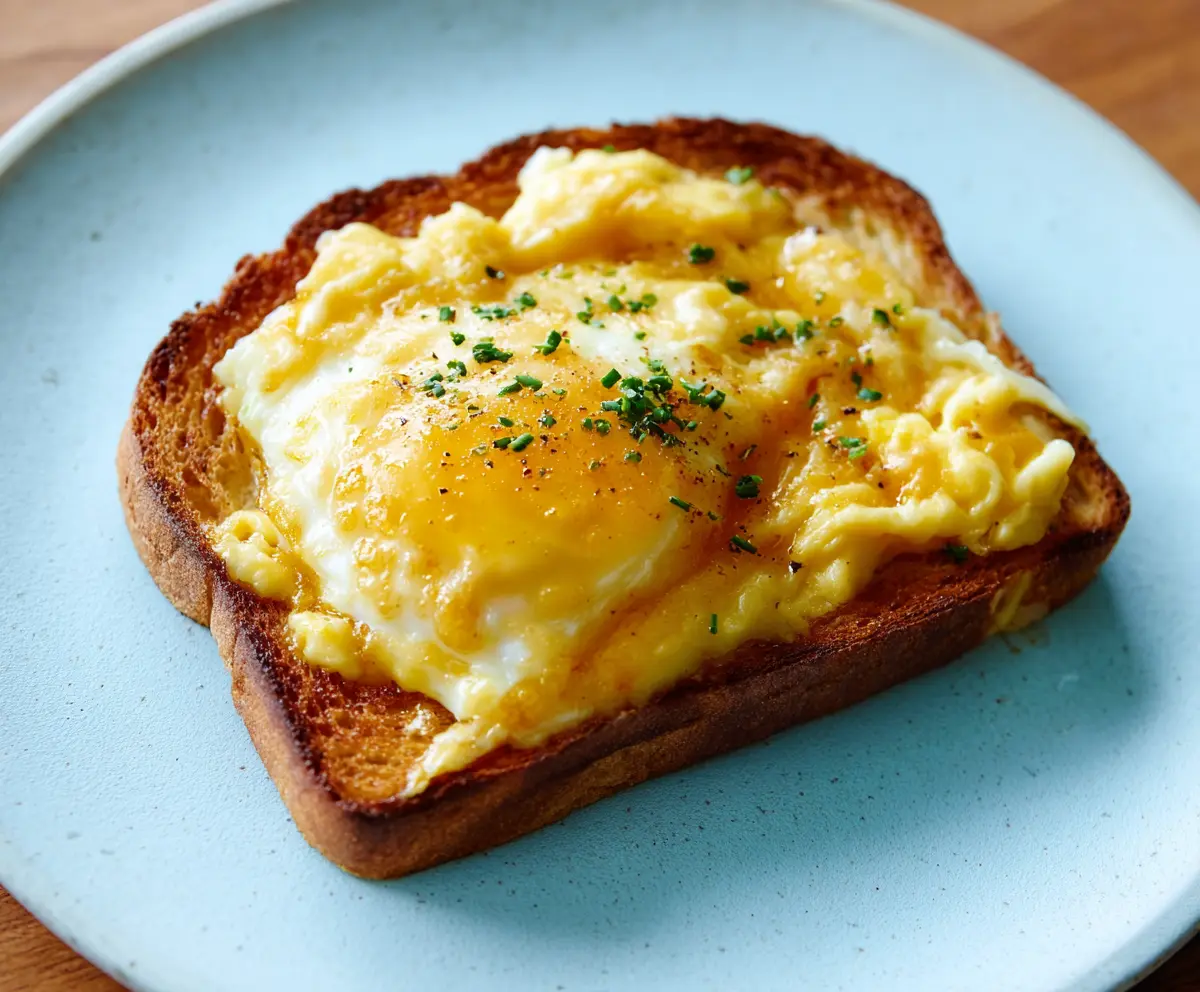 Delicious cheesy egg toast topped with melted cheese and fresh herbs, perfect for breakfast or brunch.