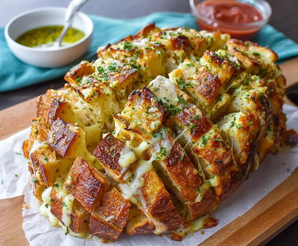 Delicious cheesy pull-apart garlic bread fresh out of the oven with melted cheese and aromatic garlic