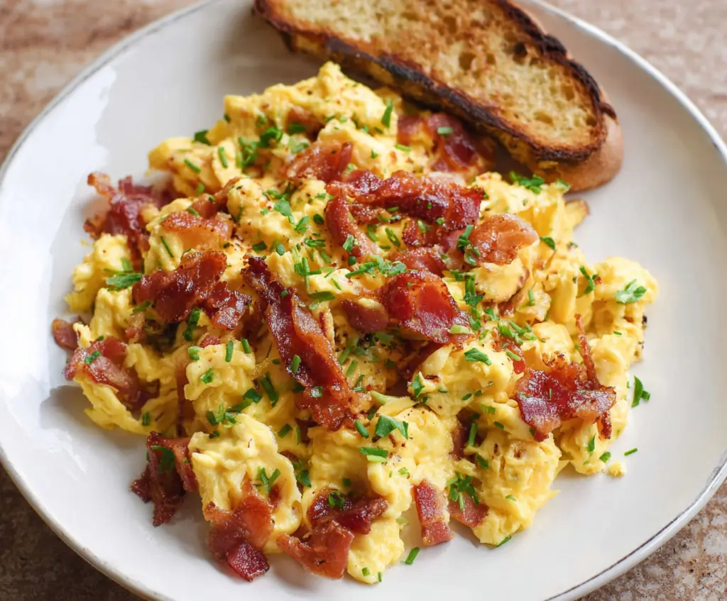 Delicious cheesy scrambled eggs with crispy bacon served on a plate