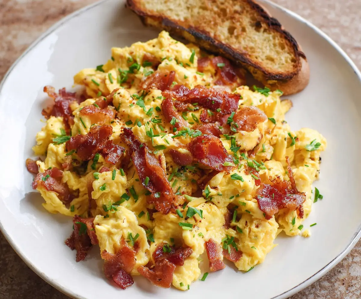 Delicious cheesy scrambled eggs with crispy bacon served on a plate