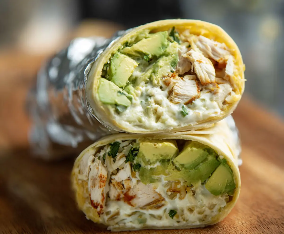 Delicious chicken avocado burrito wrapped in tortilla, featuring fresh ingredients and vibrant flavors.