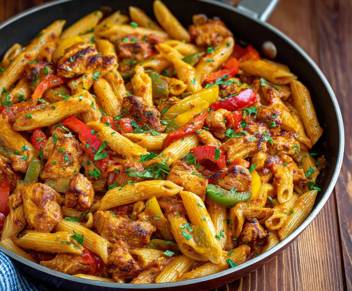 Creamy chicken fajita pasta with colorful bell peppers and melted cheese.
