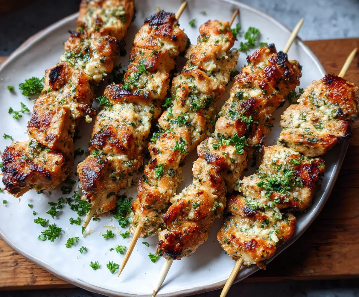 Grilled chicken skewers topped with garlic and Parmesan cheese on a serving platter.
