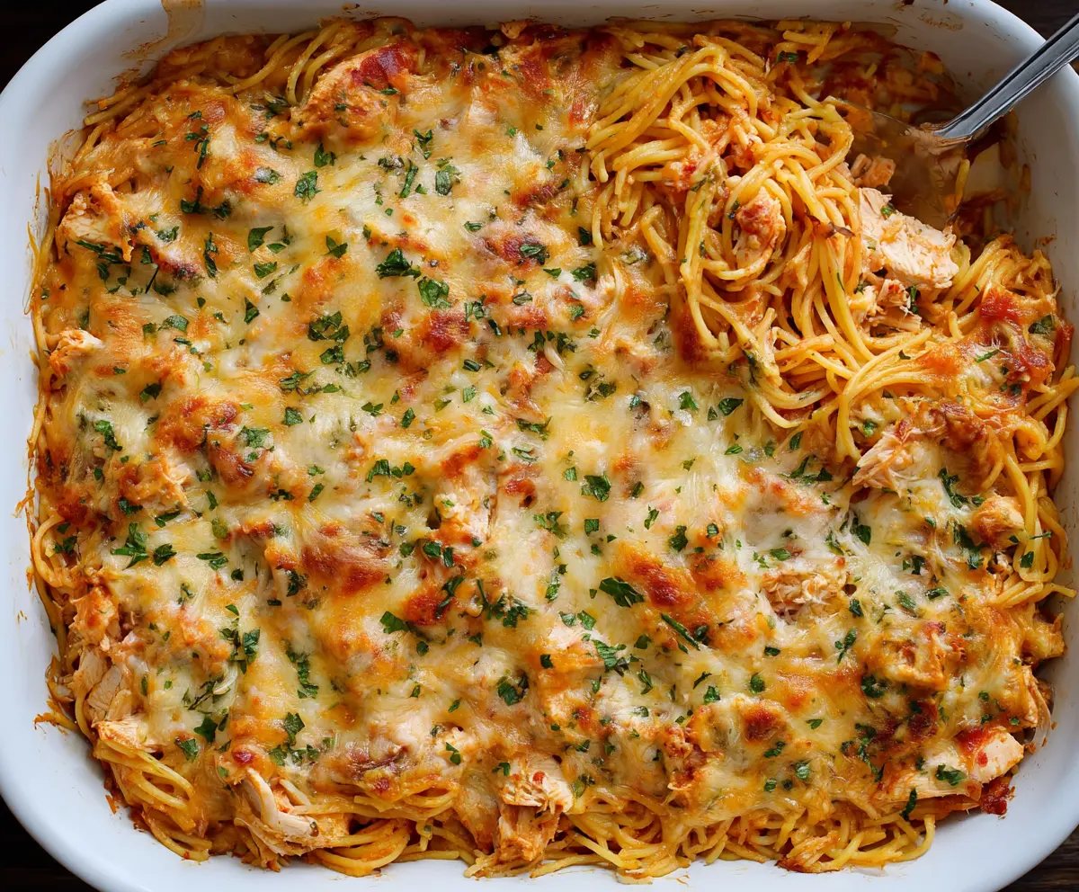 Delicious chicken spaghetti bake in a baking dish with melted cheese and herbs.