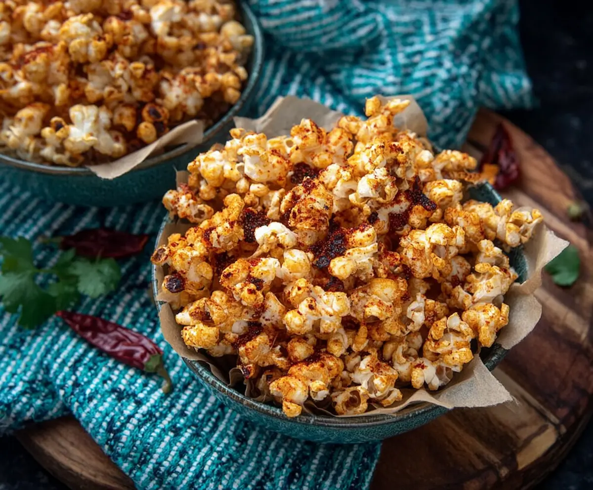 Spicy chilli popcorn in a bowl, perfect snack for movie nights