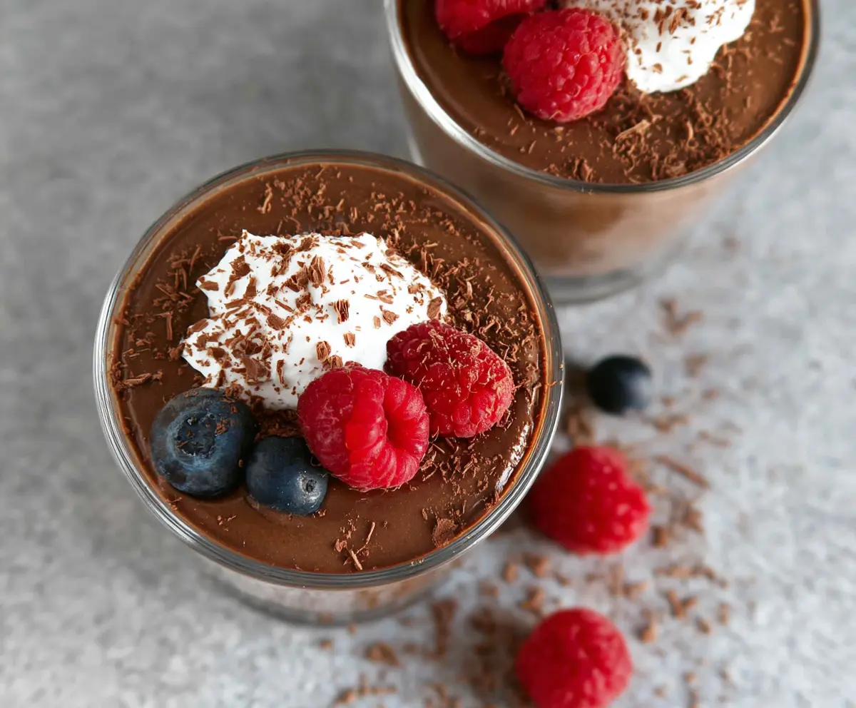 Creamy chocolate protein pudding in a glass bowl, topped with shaved almonds for a healthy snack.