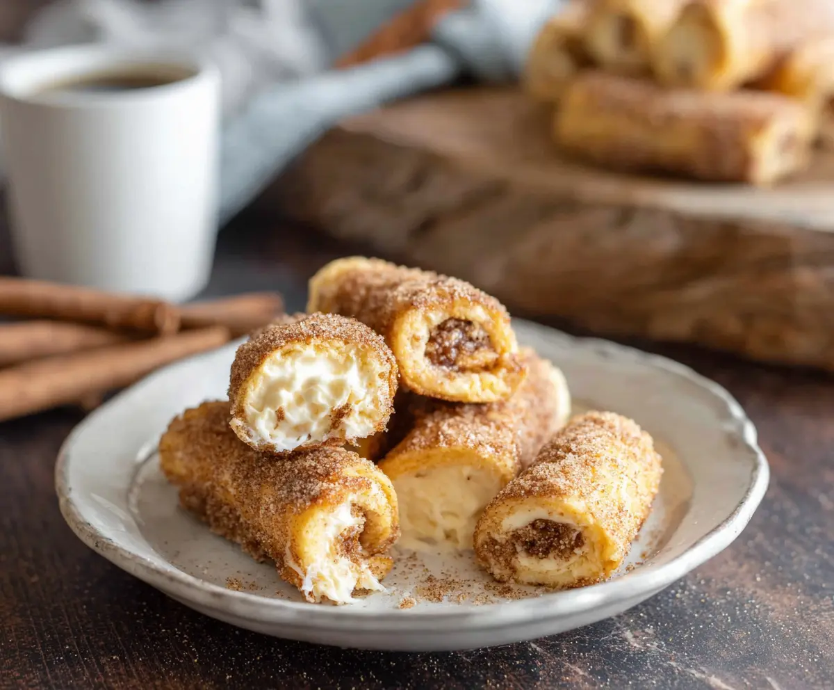 Delicious cinnamon cream cheese roll-ups with golden-brown exterior and creamy filling, perfect for breakfast or snacks.