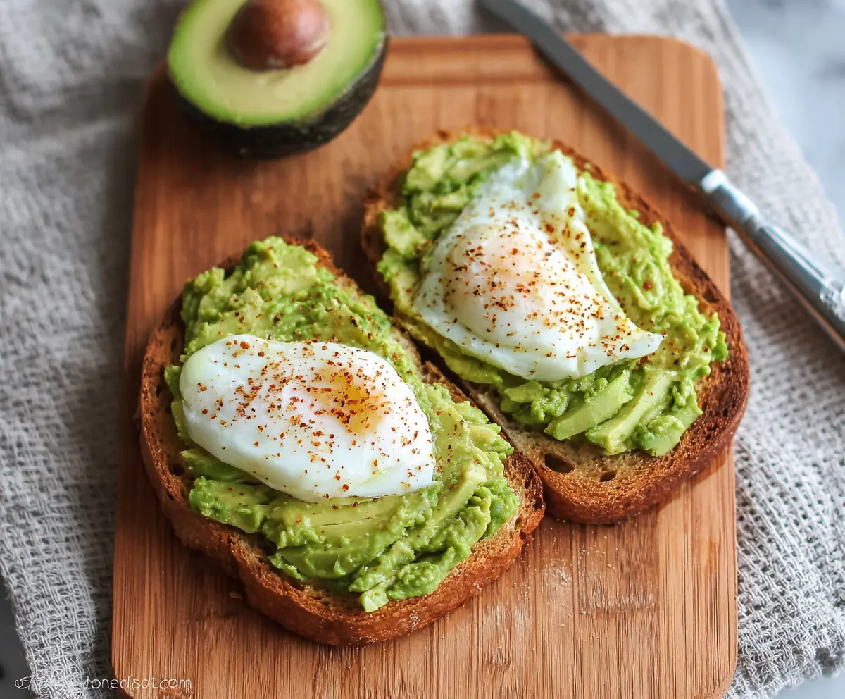 Delicious classic avocado toast with fresh smashed avocado on toasted bread, topped with herbs.